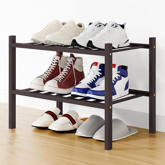 Smiry Shoe Rack, 2 Tier Small Bamboo Shoe Organizer, Stackable Free Standing Wooden Shoe Storage Shelf for Closet, Entryway, Front Door Entrance, Brown