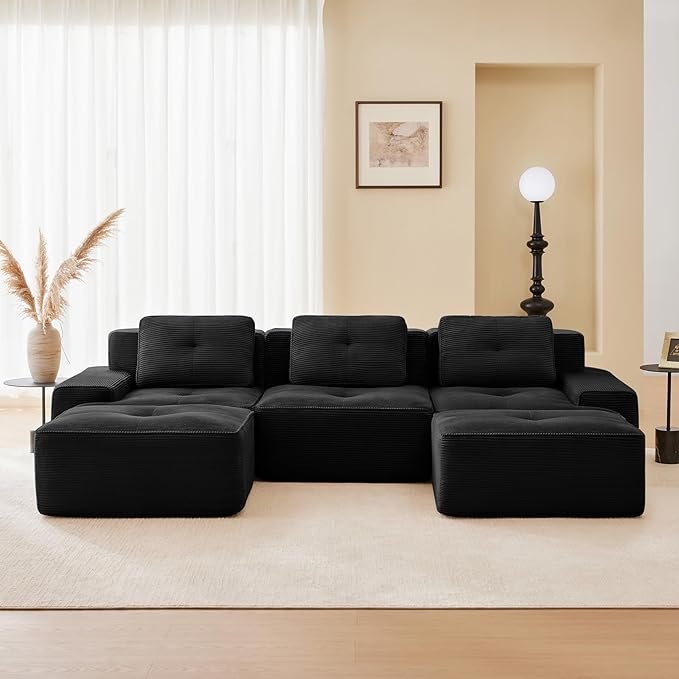 115" Modern Corduroy Cloud Sofa with Ottoman, U Shaped Boneless Modular Large Sectional Couches for Living Room, Black 3 Seater Compressed Memory Foam Couch, Extra Deep Seat, No Assembly