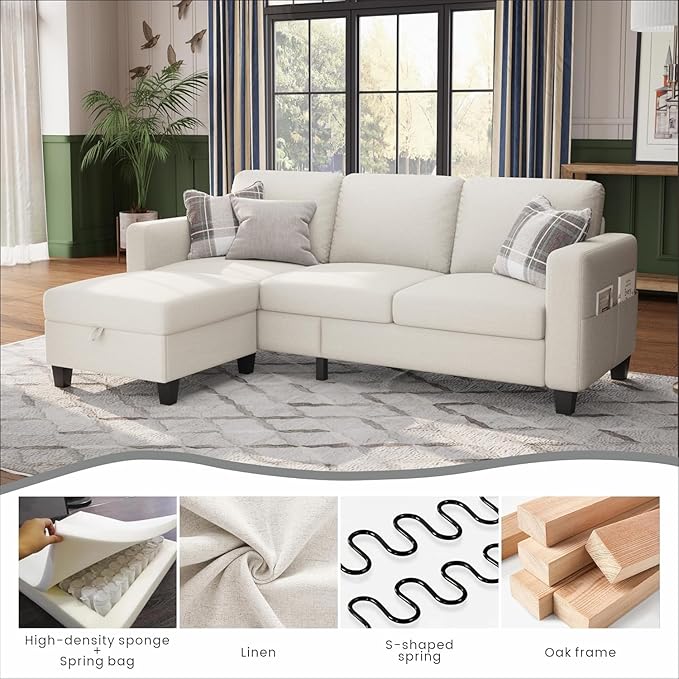 Sectional Sofa Couches for Living Room - 78''Convertible Modular Three-Seater L-Shaped Pet-Friendly Couch,Washable Sofa Cover-Bench Storage, Suitable for Small Living Room, Apartment,Office-Beige