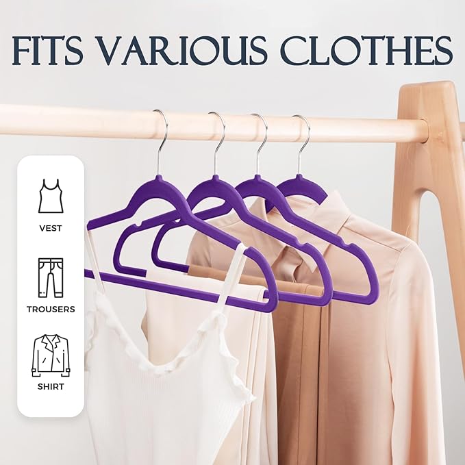 HOUSE DAY Noble-Purple Velvet Hangers 60 Pack, Non Slip Clothes Felt Hanger Heavy Duty for Coat, Premium Slim Space Saving Suit Hangers for Closet Organizer, 360° Rotating Silver Hook