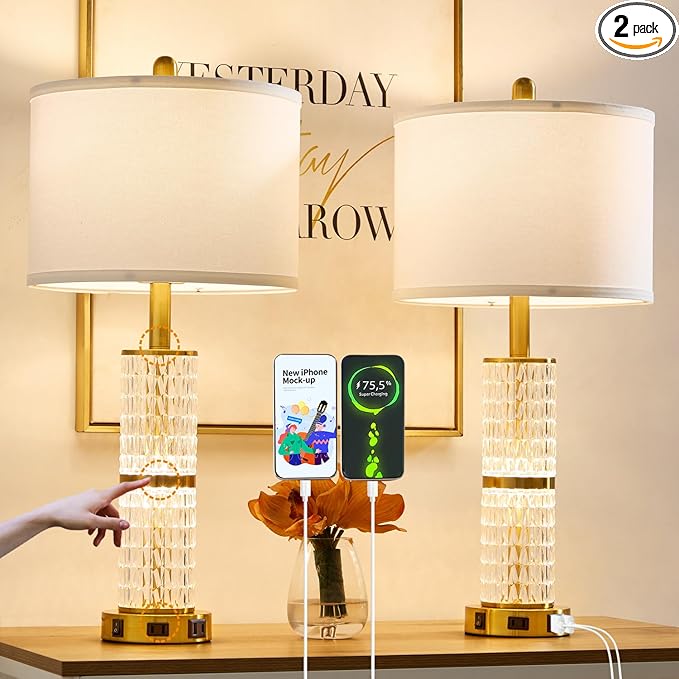 Crystal Table Lamps Modern 3-Way Dimmable Bedside Lamp with 2 USB Ports & AC Outlets for Living Room Bedroom Nightstand Lamp Night Light