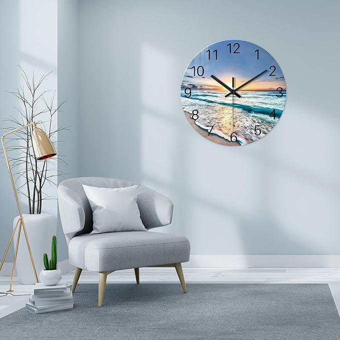 Coastal Glass Battery Wall Clock 24 Inch Blue Extra Large Clocks for Living Room Decor Round Quite Wall Clock Non Ticking