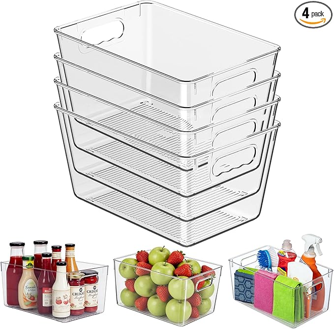 Clear Plastic Storage Bins, 4 Pack Pantry Organizers & Storage Containers, Cabinet Organizer, Home Organization Must Haves for Kitchen, Laundry Room, Office, Closet & Freezer
