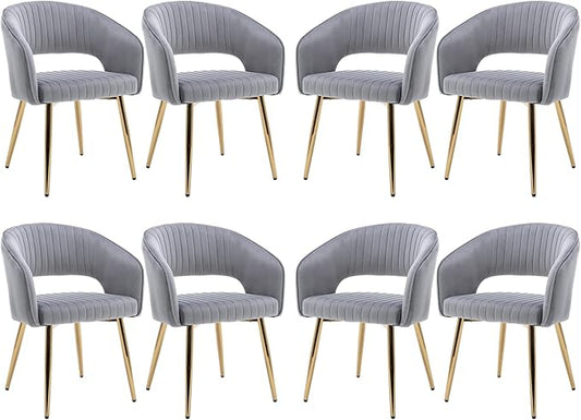 Modern Velvet Dining Chairs Set of 8, Upholstered Gold Dining Room Chairs with Hollow Back and Gold Legs, Accent Armrest Kitchen Chairs for Living Room Reception Grey
