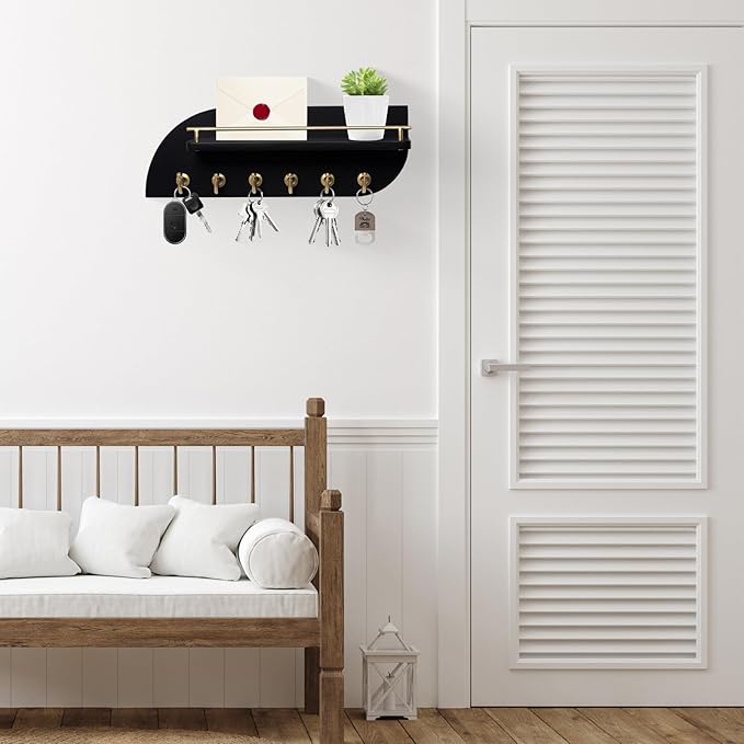 Key Holder for Wall, Wood Wall Mounted Key Rack with 6 Sturdy Metal Hooks for Bags, Coats, Umbrella, 14 Inches Mail Organizer for Home Entryway Decor, Black and Gold