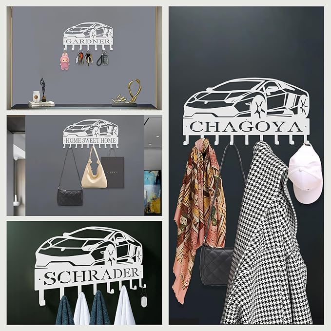 Personalized Key Hooks for Wall,Custom Name Black Car Key Holder Wall Mounted,Fashion Coat Rack,Metal Key Hanger with Hooks,Key Rack Organizer for Entryway,Hallway,Doorway