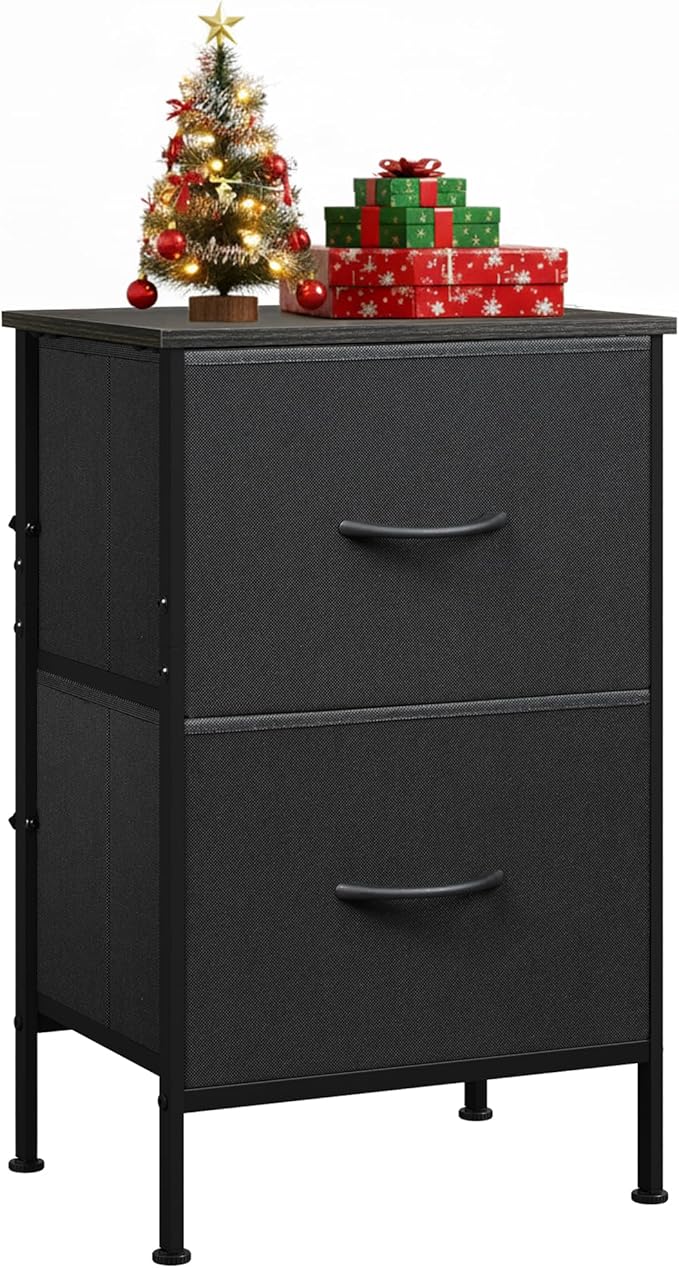 WLIVE Night Stand, Small Dresser with 2 Drawers & Wooden Top, Nightstand with Fabric Bins, Bedside Table End Table for Bedroom, Closet, Entryway, College Dorm, Black