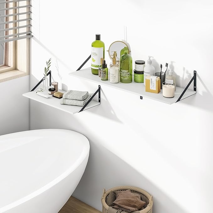 Heimlove White Deep Floating Shelves for Wall, 24W x 12D Wood Wall Shelves Set of 2, Wide Floating Bookshelf for Living Room, Kitchen, Office, Bedroom and Decor Storage, with Black Bracket - White