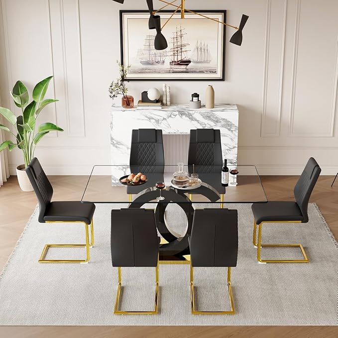63'' Glass Dining Table Set for 6, Kitchen Table Chairs Set of 6, Clear Glass Dining Table with Black unique design Leg and Gold Metal Base, 6 PU Dining Chairs with Metal Legs, Living Room, Kitchen.