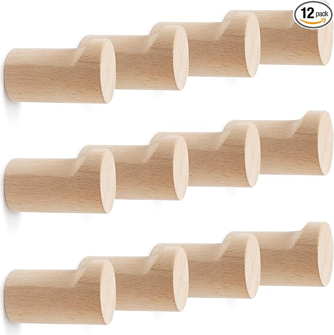 12 Pack Wood Wall Hooks, Natural Wooden Coat Hooks Wall Mounted, Handmade Rustic Hat Hooks Heavy Duty Entryway Wall Hangers for Hanging Towels, Clothes, Bags