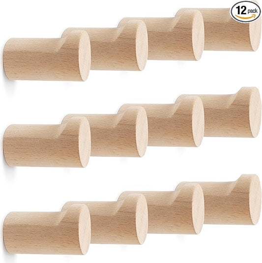 12 Pack Wood Wall Hooks, Natural Wooden Coat Hooks Wall Mounted, Handmade Rustic Hat Hooks Heavy Duty Entryway Wall Hangers for Hanging Towels, Clothes, Bags