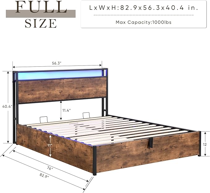 KEIKI Full Lift up Storage Bed Frame with Bookcase Headboard & Charging Station & LED Lights, Wooden Platform Bed Frame, No Spring Box Needed, Rustic Brown