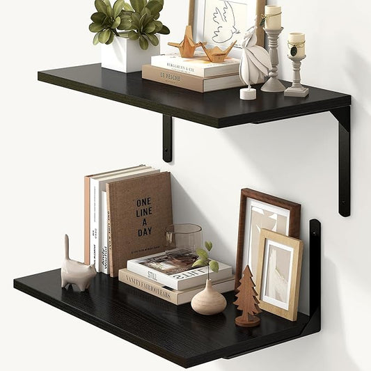 Fun Memories Floating Shelves for Wall, 12 Inch Deep Floating Shelves Set of 2, Wall Mounted Shelf with Metal Brackets, Rustic Wood Wide Shelf for Bathroom, Kitchen and Living Room, Black, 24W x 12D