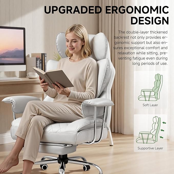 COMHOMA Big and Tall Gaming Chair with Pocket Spring Lumbar Support, Ergonomic Office Chair with Footrest, Executive Desk Chair with Outward Fixed Soft Armrests, Computer Chair with High Back, White