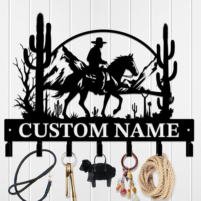 Custom Western Cowboy Metal Iron Key Hooks,Personalized Name & Text Engraving,Decor Wall Keys Holder for Home Entryway (Style B)