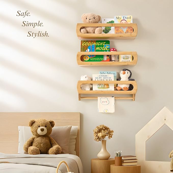 Bamboo Nursery Floating Book Shelves for Wall, Fully Assembled – Set of 3 Wall Mounted Bookshelves for Kids Room, Baby Room, Nursery Decor, 16.5 Inch Natural