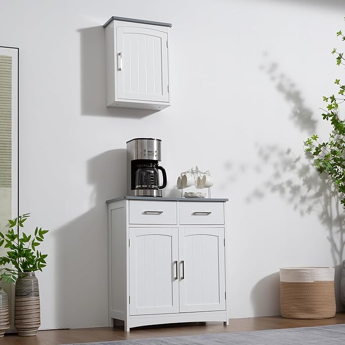 Modern White Buffet Cabinet, 26x30 Inches, 2 Doors, 2 Drawers, Adjustable Shelves, Anti-Fall Drawers, Dining Room Storage