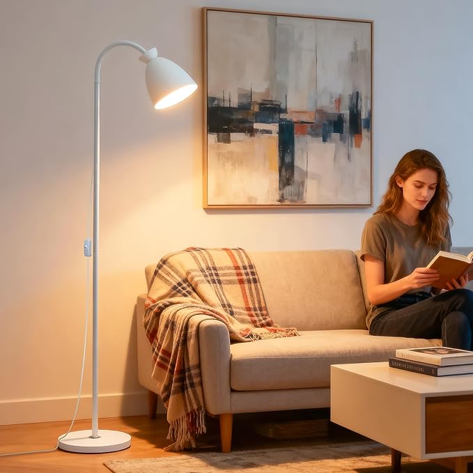 White Floor Lamp for Living Room Corners Bedroom Bedside Kids room dorm Library,9W LED tri Color Dimming, Gooseneck Adjustment, Iron Lampshade, Work Desk Lamp,Tall Standing Reading Light, home decor