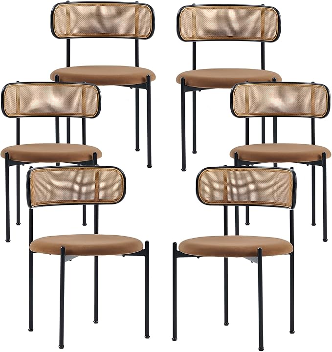 Rattan Dining Chairs Set of 6, Mid Century Modern Dining Chairs with Cane Back and Boucle Upholstered Seat, Farmhouse Kitchen Chairs for Dining Room and Living Room, Brown
