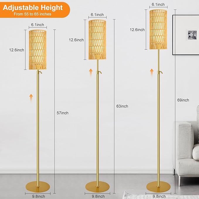 Gold Floor Lamps for Living Room Boho Rattan Floor Lamp with Remote Control & 3 Color Temperature Vintage Wicker Standing Lamp Dimmable Tall Floor Lamp for Bedroom Living Room Corner