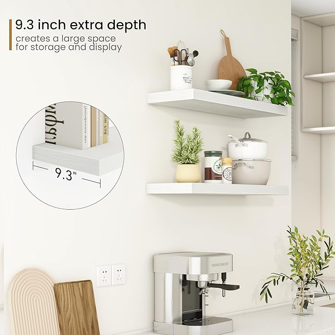 Fun Memories 32Inch Floating Shelves, 9.3Inch Deep Rustic Wall Shelves - Extra Deeper & Thicker Wall Mounted Storage Shelf for Kitchen, Farmhouse - Set of 2 - Rustic White