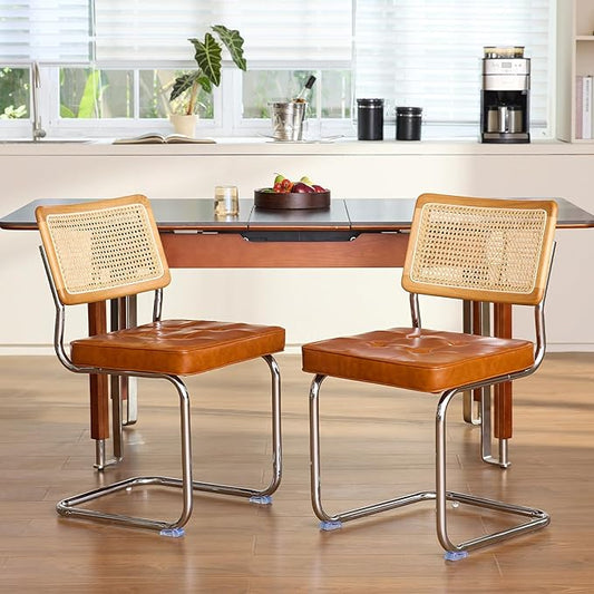 Brown Faux Leather Rattan Dining Chairs Set of 2, Wooden Mid Century Modern Dining Room Chairs, Mesh Back Cane Kitchen Chair, Cesca Design Chairs with Metal Chrome Legs