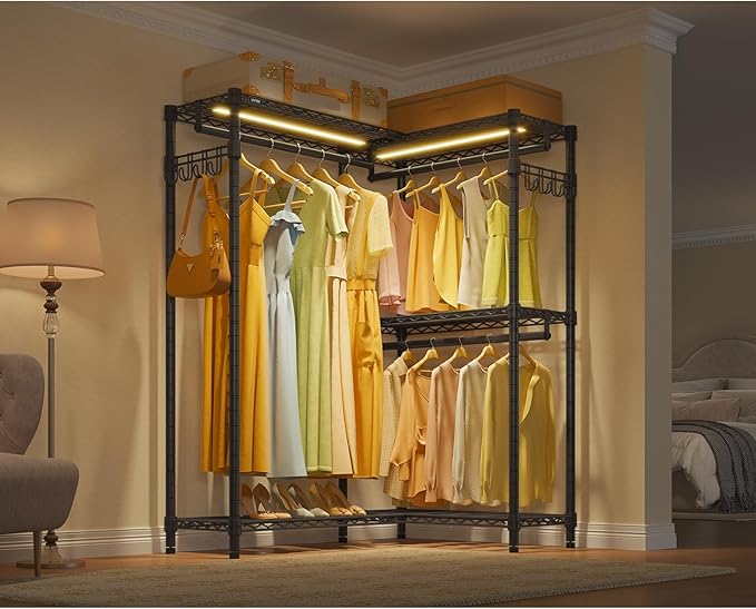 VIPEK L4L Portable Closet with Dimmable LED Lights, L Shaped Clothes Rack for Corner Space-Saving Storage, 3 Hanger rods for Hanging Heavy Duty Coats, Max Load 810LBS, Black