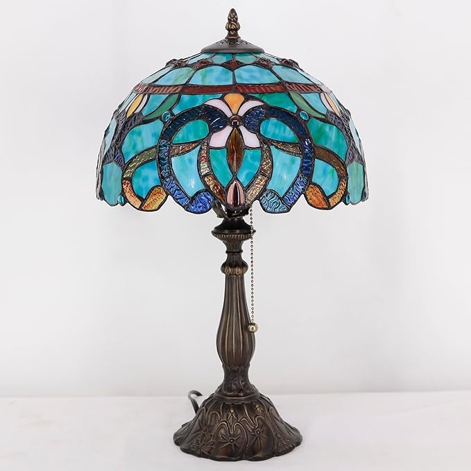 Tiffany Table Lamp Stained Glass Lamp 12X12X19 Inch Antique Reading Light (Green Brown Jewelry Baroque)