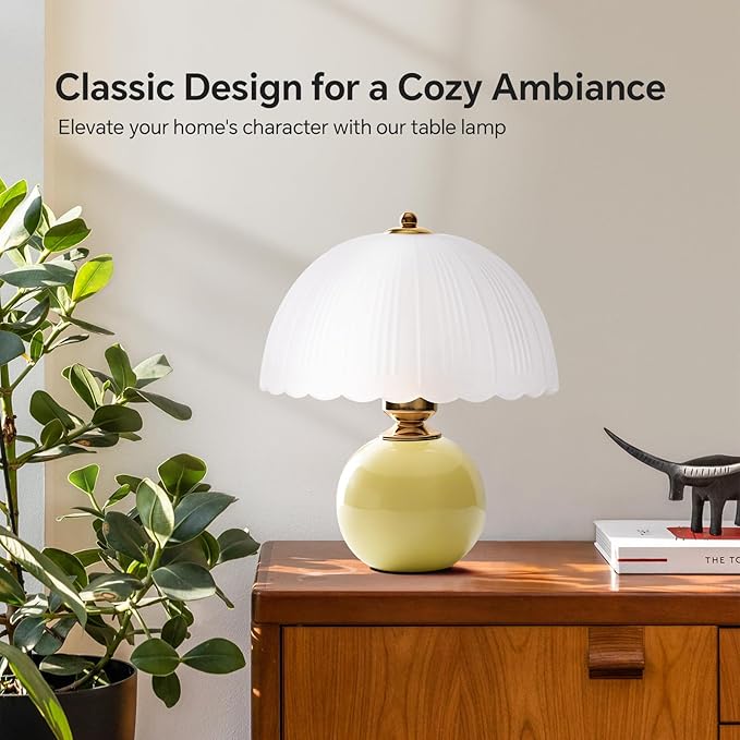 Ceramic Table lamp Set of 2, Modern Bedside Lamps Mid Century Vintage Desk Lamp Retro Glass Mushroom Traditional Lamp for Nightstand Living Room Bedroom Home Decor (S05YE-2PACK)