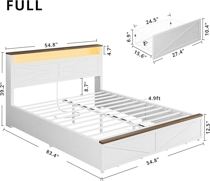IRONCK Farmhouse Full Size Bed Frame with LED Light and Charging Station, Wood Bed Frame with Storage Headboard and 2 Drawers， Barn Door Design, Sturdy and Noiseless, White