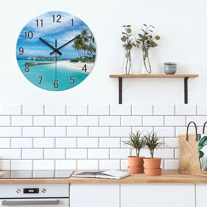 XFM Blue Beach Wall Clock 16 Inch Silent Wall Clocks Battery Operated Coastal Nautical Clock Decorative for Living Room Bedroom Bathroom