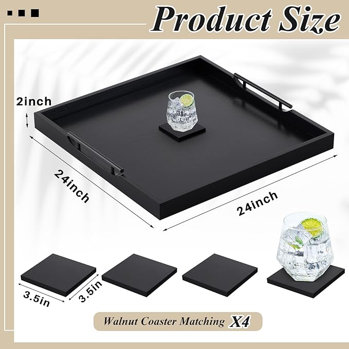 Large Square Ottoman Tray 24 x 24 x 2 Inch Wood Serving Tray with 4 Coasters and Metal Handles for Food Coffee Tea Table Sofa Living Room Home Housewarming Gift(Black)