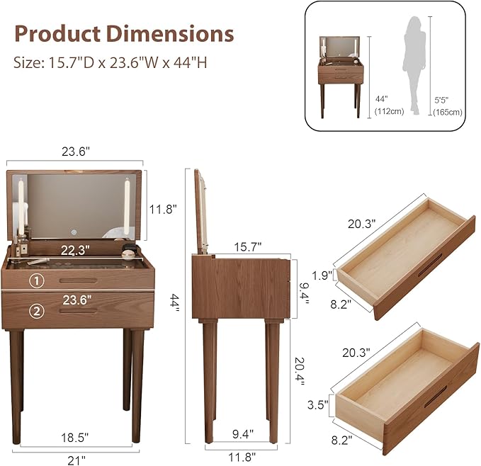 Solid Wood Small Vanity Desk with Mirror and Lights, Narrow Makeup Vanity for Small Space, Flip Top Vanity Side Table, 3 Color Modes & Adjustable Brightness, 23.6" Slim Dressing Table, Walnut