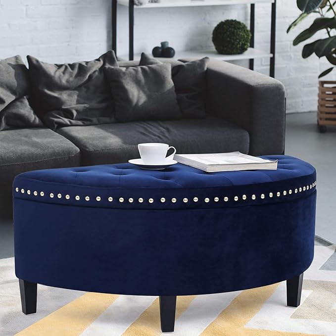 Homebeez 43.5" Half Moon Storage Ottoman Bench, Lift Top Velvet Storage Ottoman Bench for Bedroom Living Room (Navy Blue)