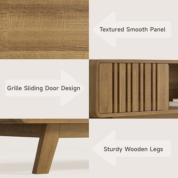 ONBRILL Coffee Table, Mid Century Modern Table with Storage Compartment, Fluted Table with Sliding Cabinet Door, Farmhouse Wood Coffee Table for Living Room (Natural)