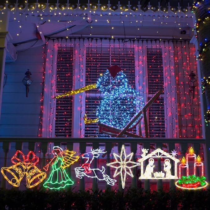 16” Christmas Window Silhouette Lights - 6 Pack Colour Lighted Reindeer ＆ Bethlehem Star ＆ Nativity ＆ Candle ＆ Angel ＆ Bell for Holiday Indoor and Outdoor Wall Door Window Decorate