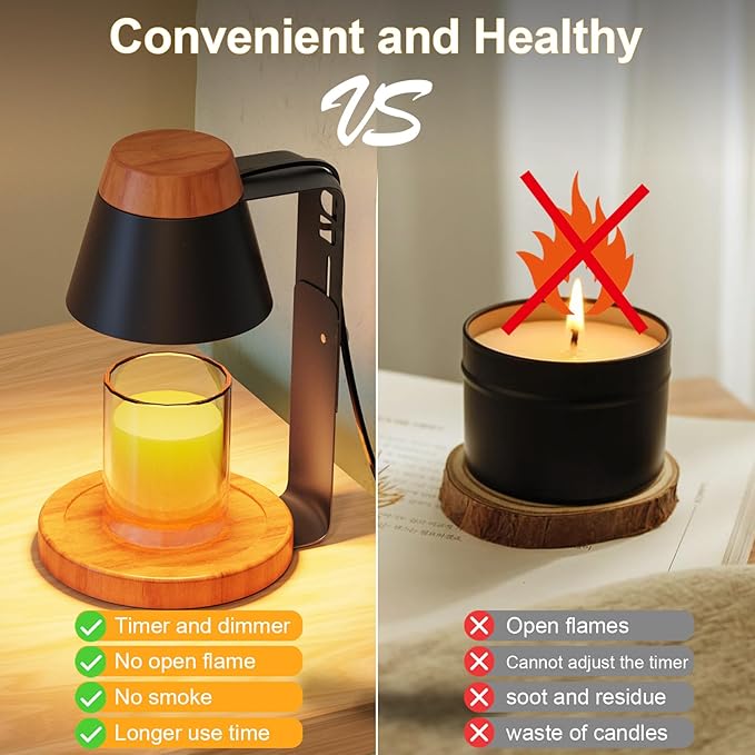 Candle Warmer Lamp with Timer, Stepless Dimmable Candle Lamp Warmer, Electric Candle Warmer Adjustable Height, Wax Warmer for Scented Wax with 2 Bulbs, for Festival&Home Decor (Black Mini)