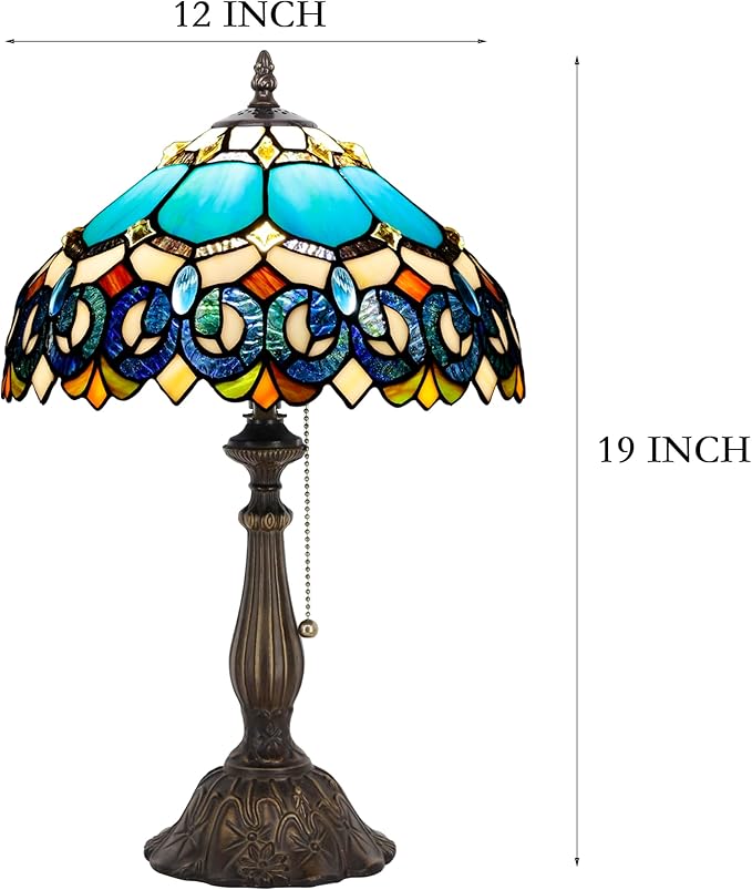 Tiffany Table Lamp Stained Glass Lamp 12X12X19 Inch Antique Reading Light (Blue Jewelry Baroque)