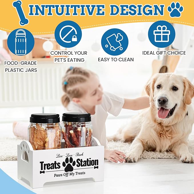 Dog Treat Container Dog Food Container for Dog Food Storage, Farmhouse Cat Food Container Pet Food Storage Organizer, Wood Dog Treat Holder with 2 Plastic Cat Dog Treat Jars, White Cat Treat Container