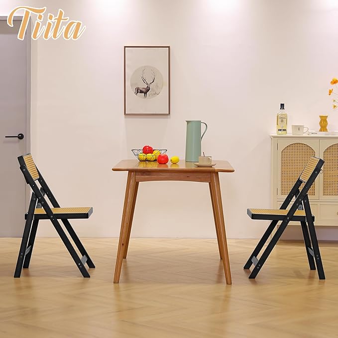 Tiita Rattan Dining Chairs Set of 2, Mid Century Modern Folding Chair, Bamboo Folding Dining Chairs for Small Space, Dining Room, Living Room, Bedroom, Black
