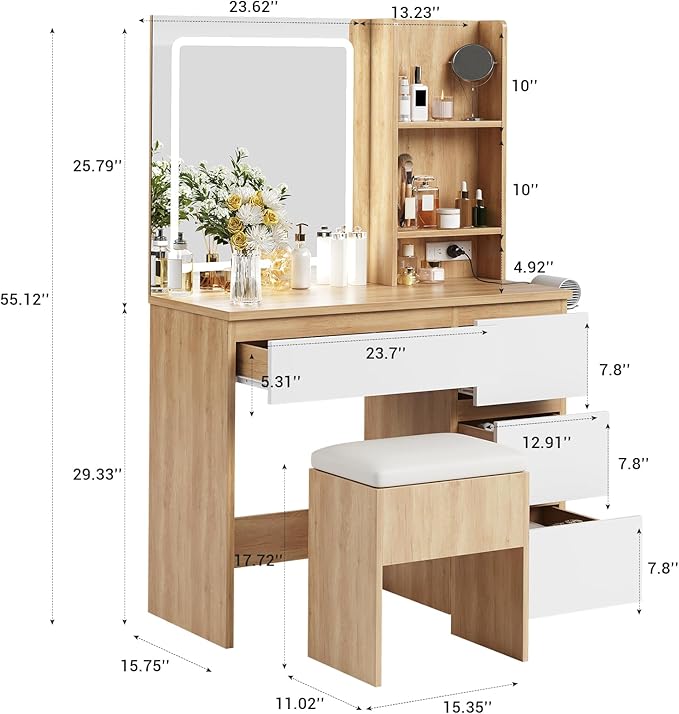 GarveeHome Vanity Desk with Mirror and Lights - Modern Makeup Dressing Table with Outlets, Storage Stool, 4 Drawers & Hair Dryer Holder - 3 Colors LED Vanity Mirror, Vanities for Bedroom, Natural