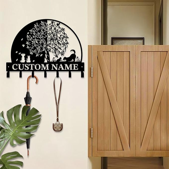 Life Tree Key Hook - Customized Metal Wall Organizer with Name Engraving, Black Iron Home Decor for Themed Collectors (Style B)