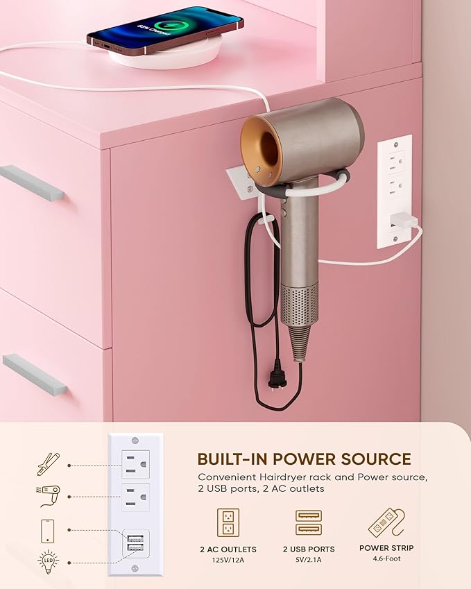 Makeup Vanity Desk Set, 35.4" Wx15.7”Dx53.9“H, Pink (Smart LED Mirror, with Cushion Stool, Hairdryer Rack, Power-Outlet, 4 Drawers, Open Shelves)