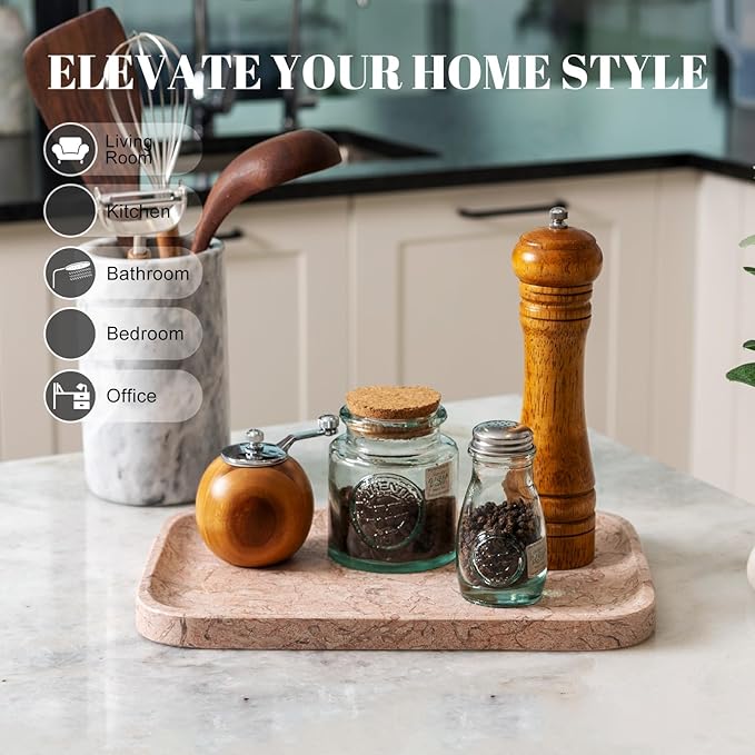 Koville Marble Tray, 12"x8" Natural Marble Vanity Tray for Countertop Bathroom Kitchen Dresser, Decorative Catchall Trays for Perfume Jewelry, Rectangular Stone Serving Tray(Pink)