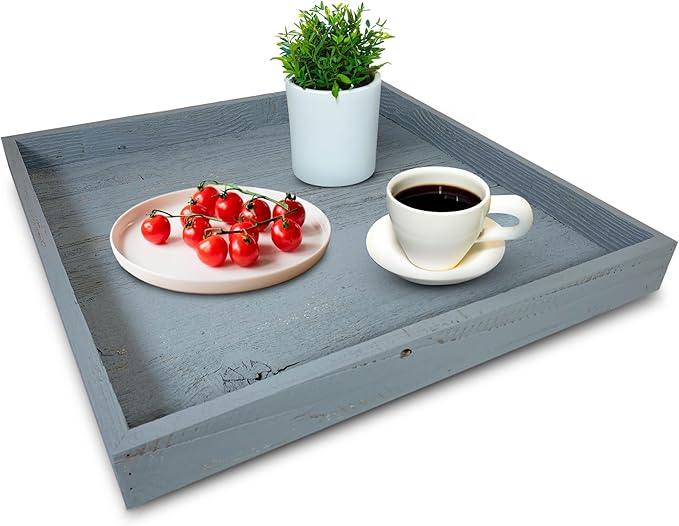 Wooden Ottoman Tray with Felt Pad – Decorative Couch Serving Tray Made with Real Rustic Reclaimed Wood - Perfect for Living Room Ottomans, Sofas, & Coffee Tables -24" x 24"- Slate Blue