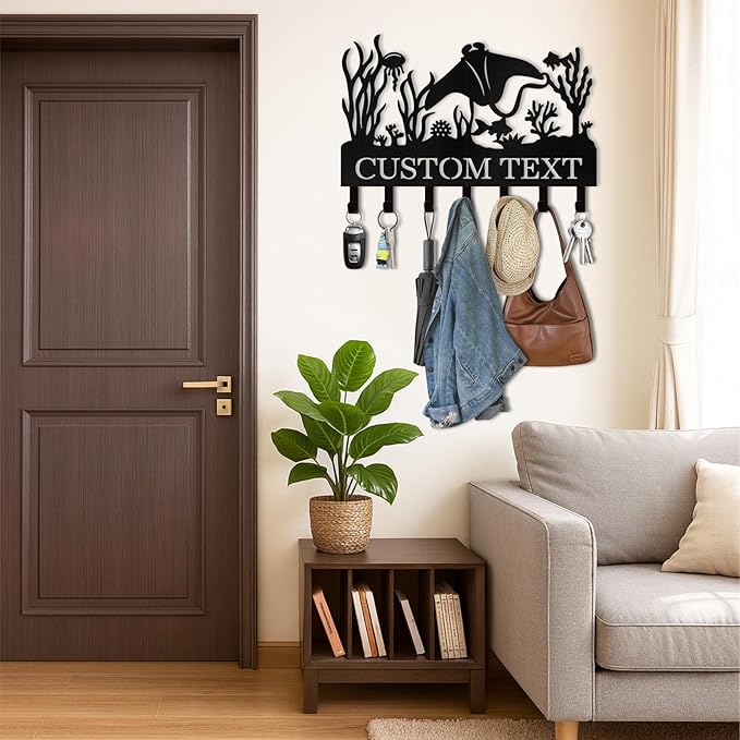 Personalized Key Holder for Wall, Beach Theme Key Holder Wall Mount with Hooks, Tropical Style Key Hanger Wall Decor for Pool Bathroom Hallway Entryway Office, Customized Home Decor Gifts Color01