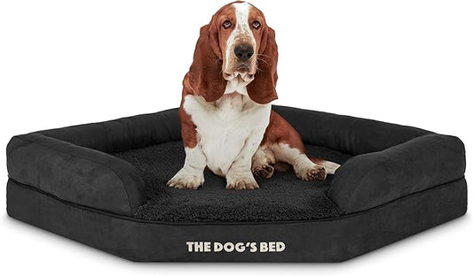 The Dog’s Bed Medium Support Memory Foam Waterproof Corner Dog Bed, Large, Black Plush, Eases Pet Arthritis & Hip Dysplasia Pain, Therapeutic & Supportive, Washable Plush Fabric Cover