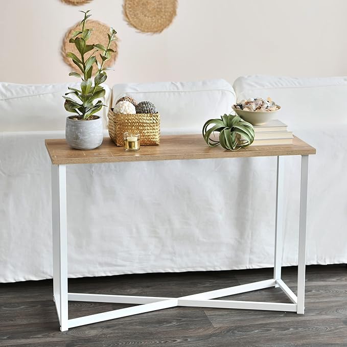 Household Essentials Jamestown Console Sofa Table Coastal Oak Rustic Wood Grain and White Metal