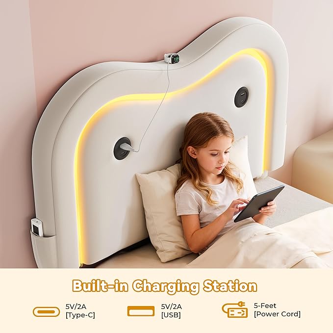 Twin Size Floating Bed Frame with LED Lights, Velvet Upholstered Headboard Bed Frame for Kids/Girls, Rounded Corners, Charging Station, No Box Spring Needed, White