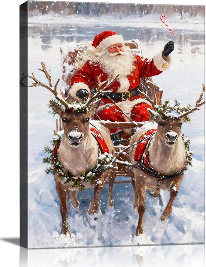 Vintage Santa in Sleigh with Reindeer Christmas Canvas Wall Art - Classic Framed Prints for Living Room & Office, Cozy Winter Snow Scene Nature Decor, Ideal Christmas Gifts & Festive Decorations
